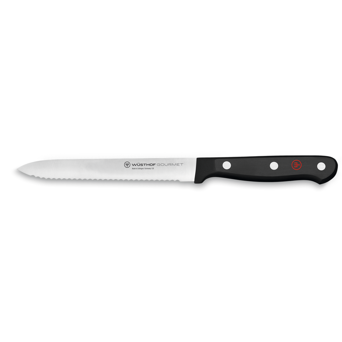 Gourmet 5" Serrated Utility Knife with a finely toothed stainless steel blade and a black synthetic handle secured by three rivets featuring a red emblem.