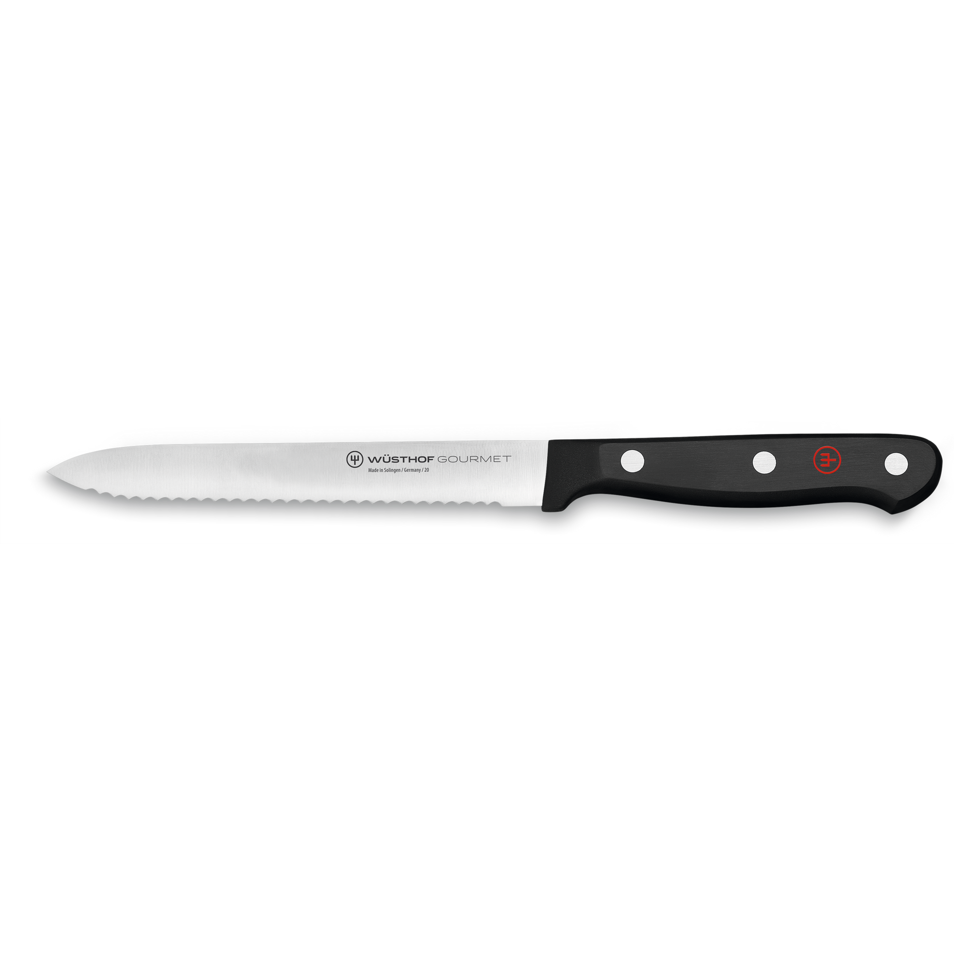 Gourmet 5" Serrated Utility Knife with a finely toothed stainless steel blade and a black synthetic handle secured by three rivets featuring a red emblem.