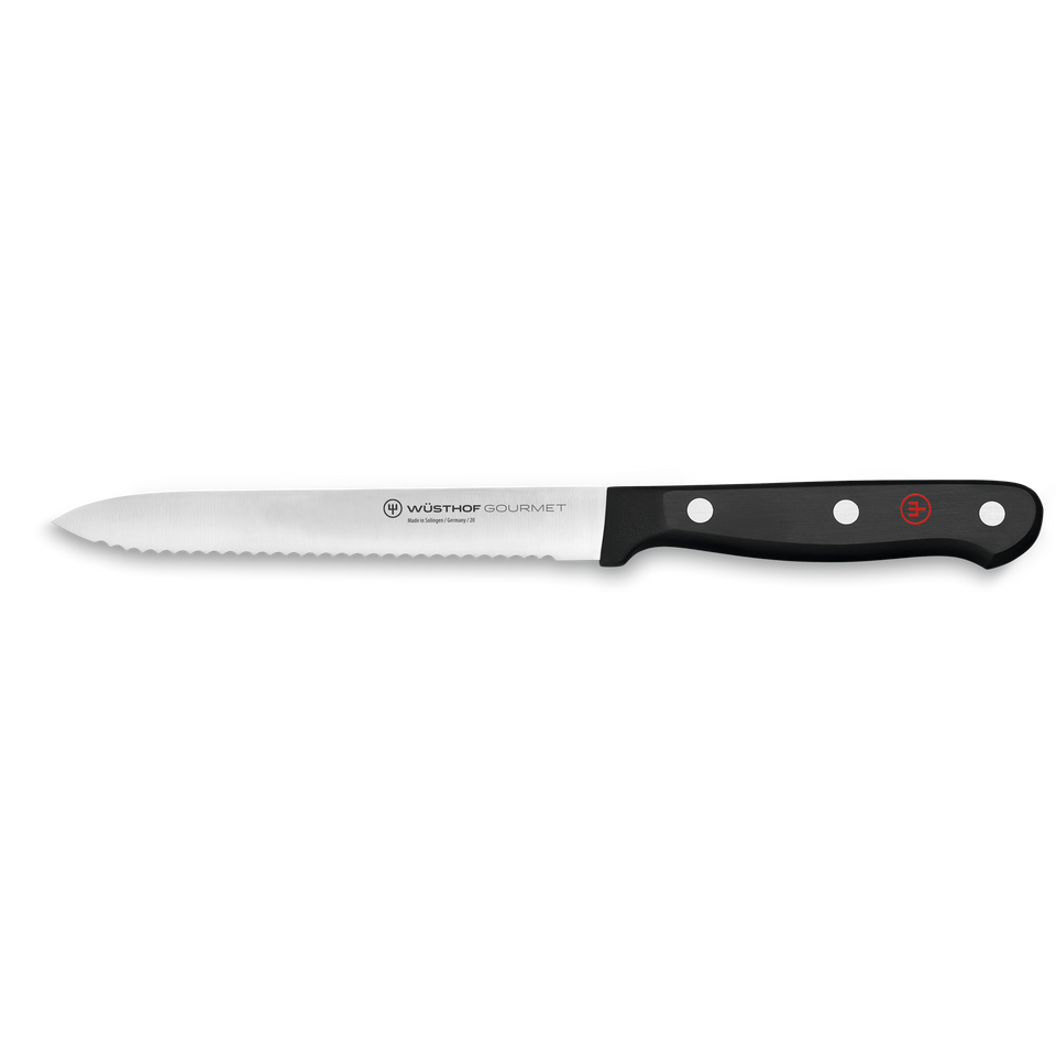 Gourmet 5" Serrated Utility Knife with a finely toothed stainless steel blade and a black synthetic handle secured by three rivets featuring a red emblem.