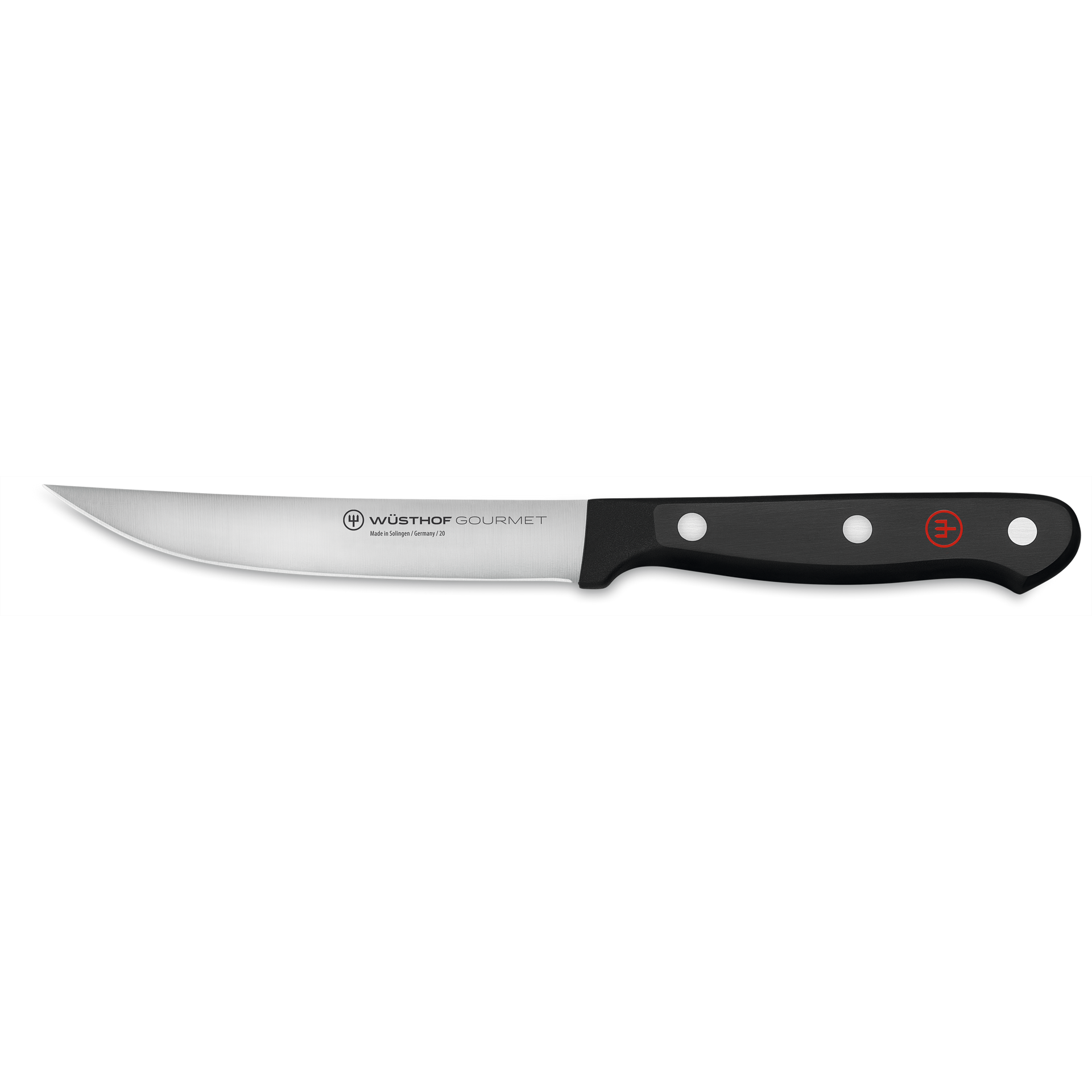 Gourmet 4 1/2" Steak Knife with a sharp, slender stainless steel blade and a black synthetic handle featuring three rivets and a red emblem.