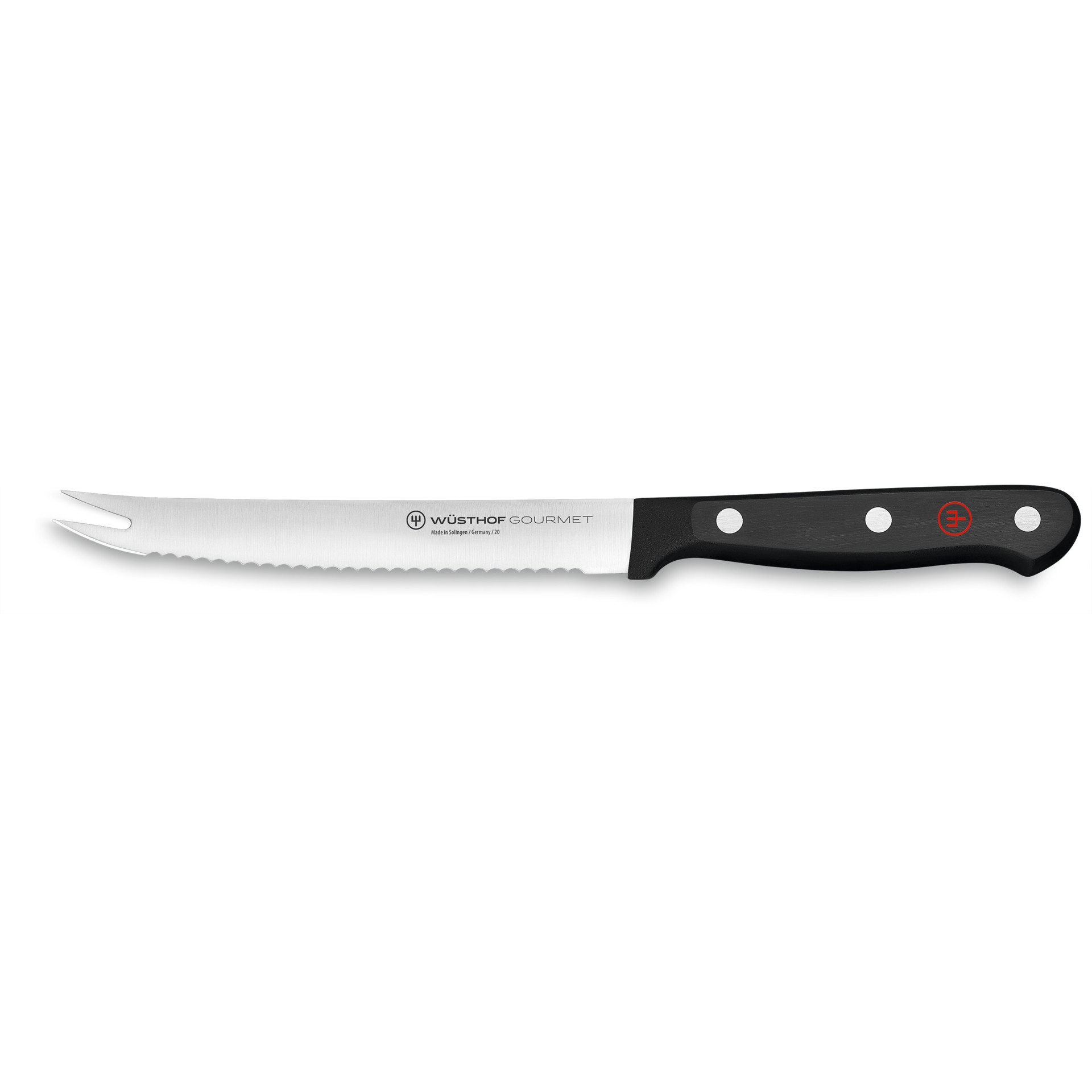 Gourmet 5" Tomato Knife with a finely serrated, stainless steel blade and a black synthetic handle featuring three rivets and a red emblem.