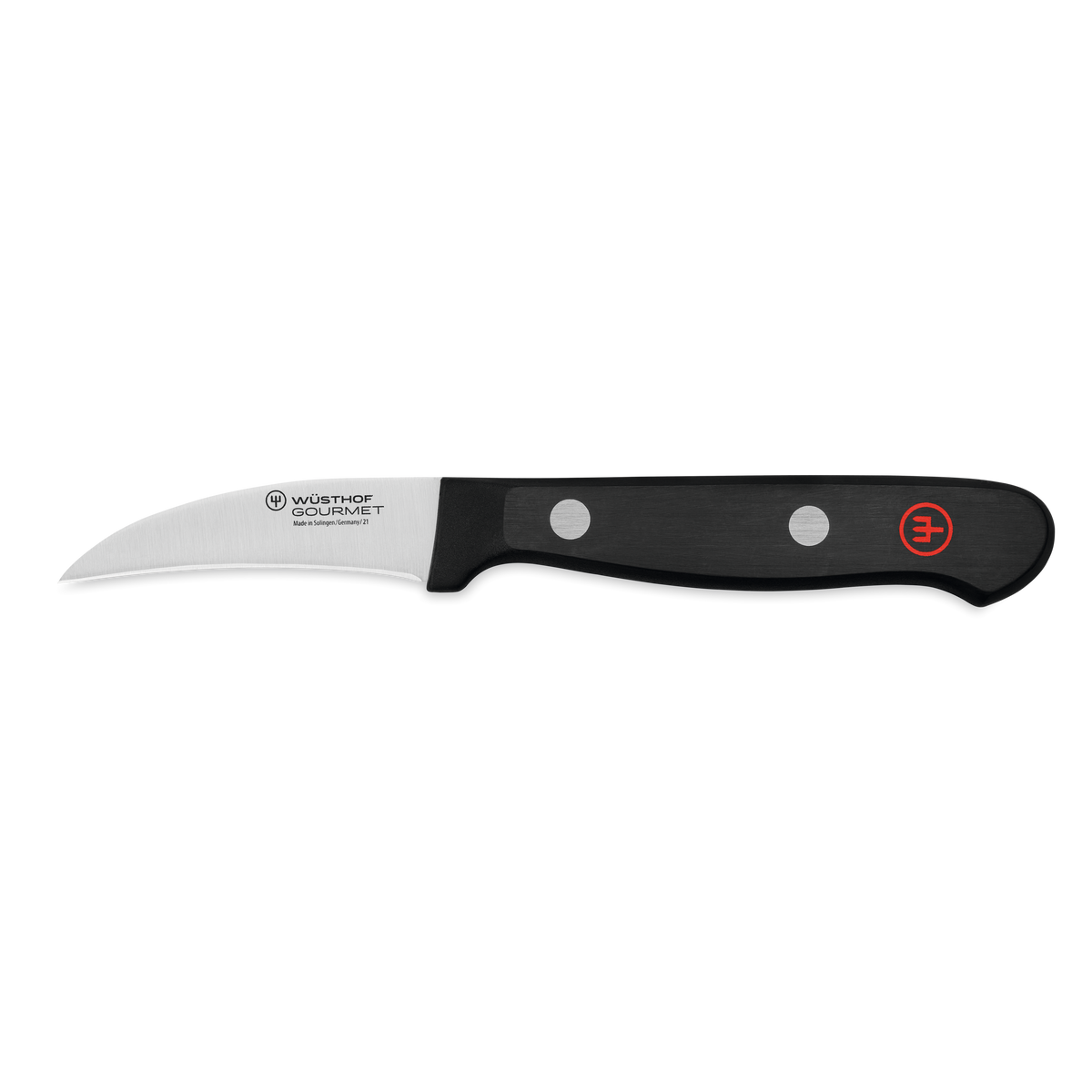 Gourmet 2 1/4" Peeling Knife with a curved stainless steel blade and a black synthetic handle secured by two rivets featuring a red emblem.
