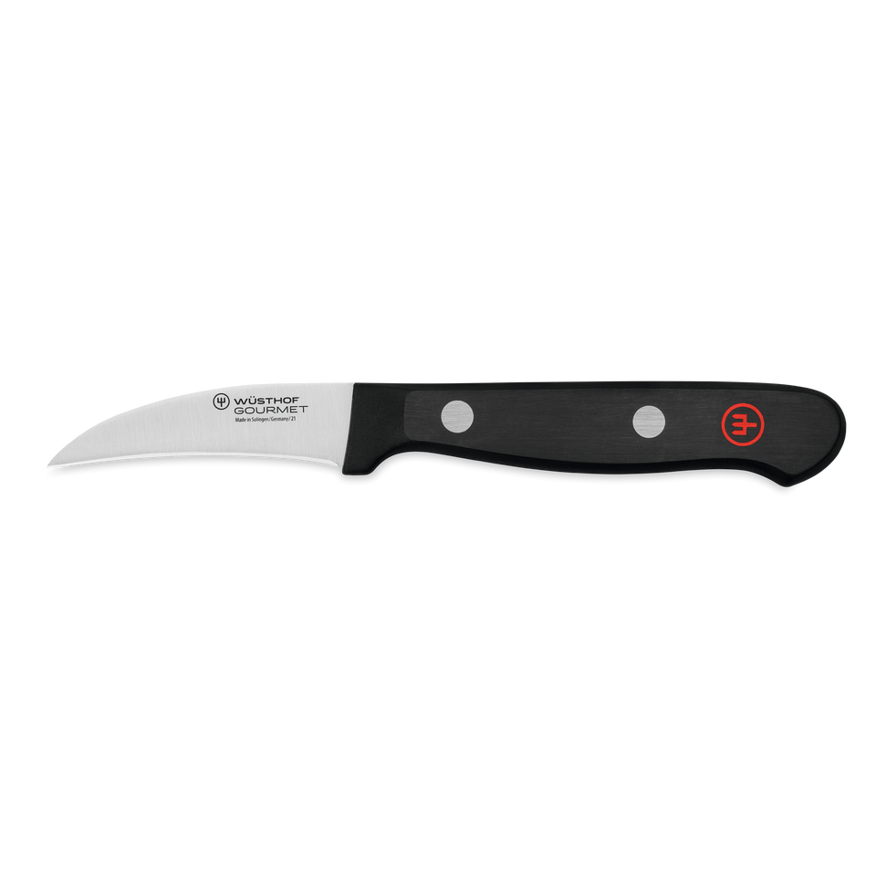 Gourmet 2 1/4" Peeling Knife with a curved stainless steel blade and a black synthetic handle secured by two rivets featuring a red emblem.