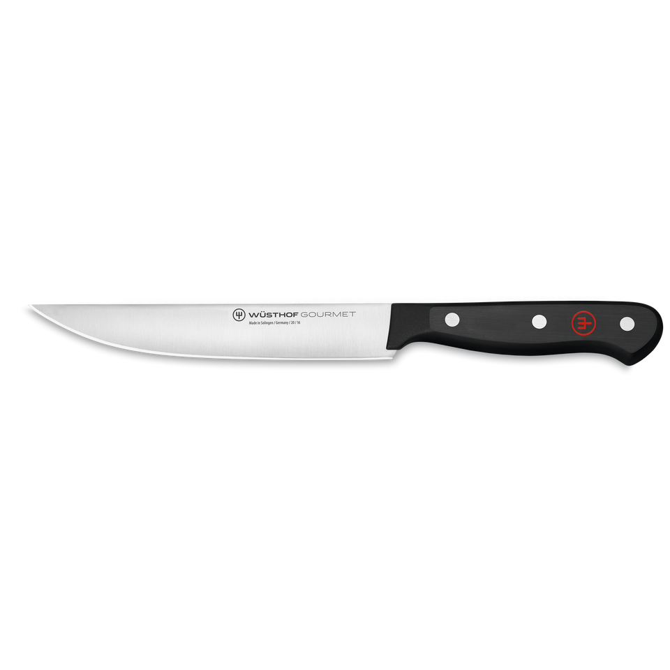 Gourmet 6" Utility Knife featuring a sharp, precision-forged stainless steel blade and ergonomic black handle for versatile kitchen tasks.