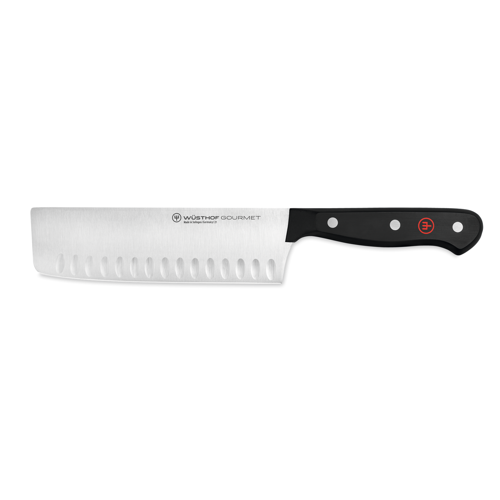 Gourmet 7" Hollow Edge Nakiri with forged stainless steel blade featuring hollow edge indentations and a durable black ergonomic handle for precision cutting.
