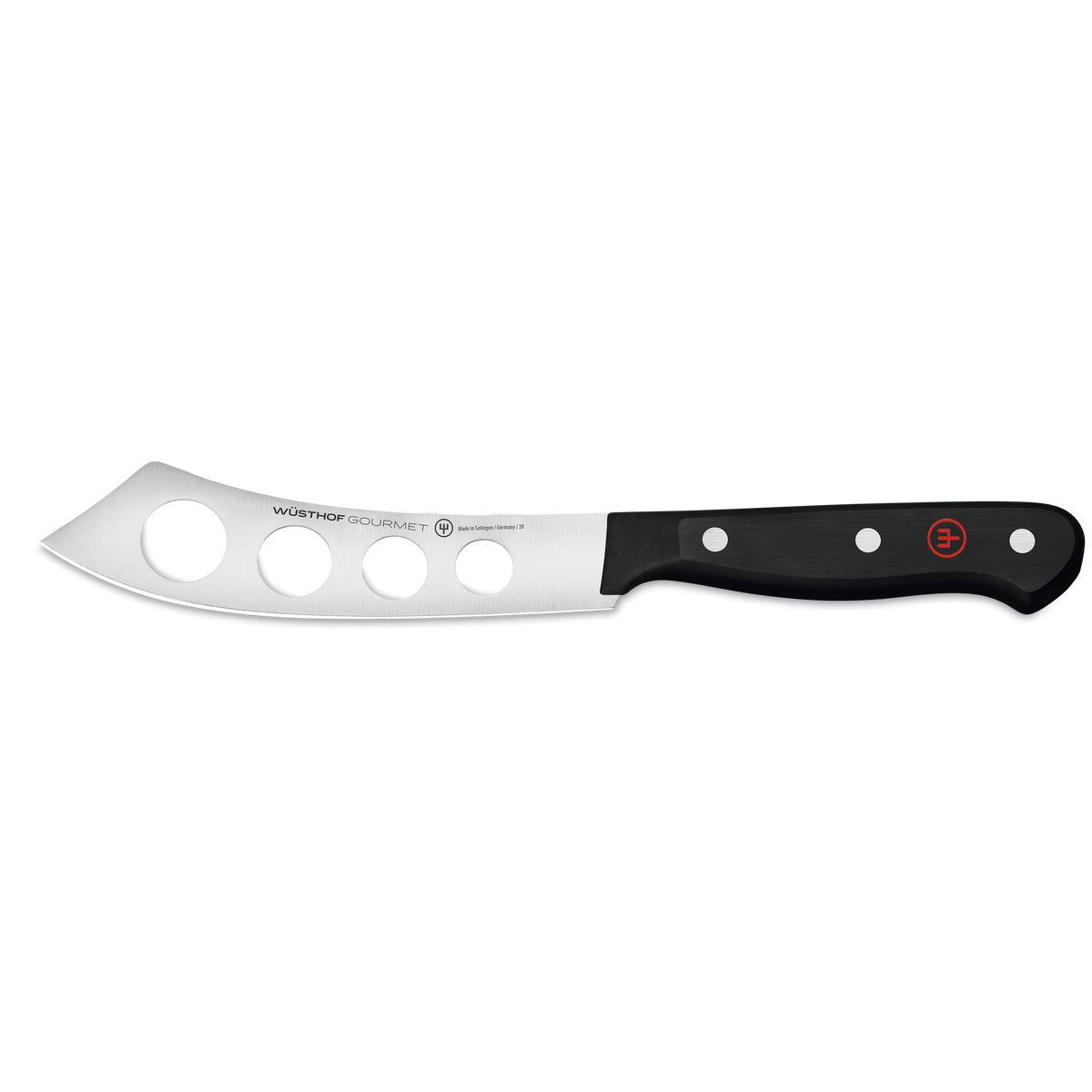 Gourmet 5" Cheese Knife with a curved, perforated, forged stainless steel blade and a black synthetic handle accented by three rivets and a red emblem.