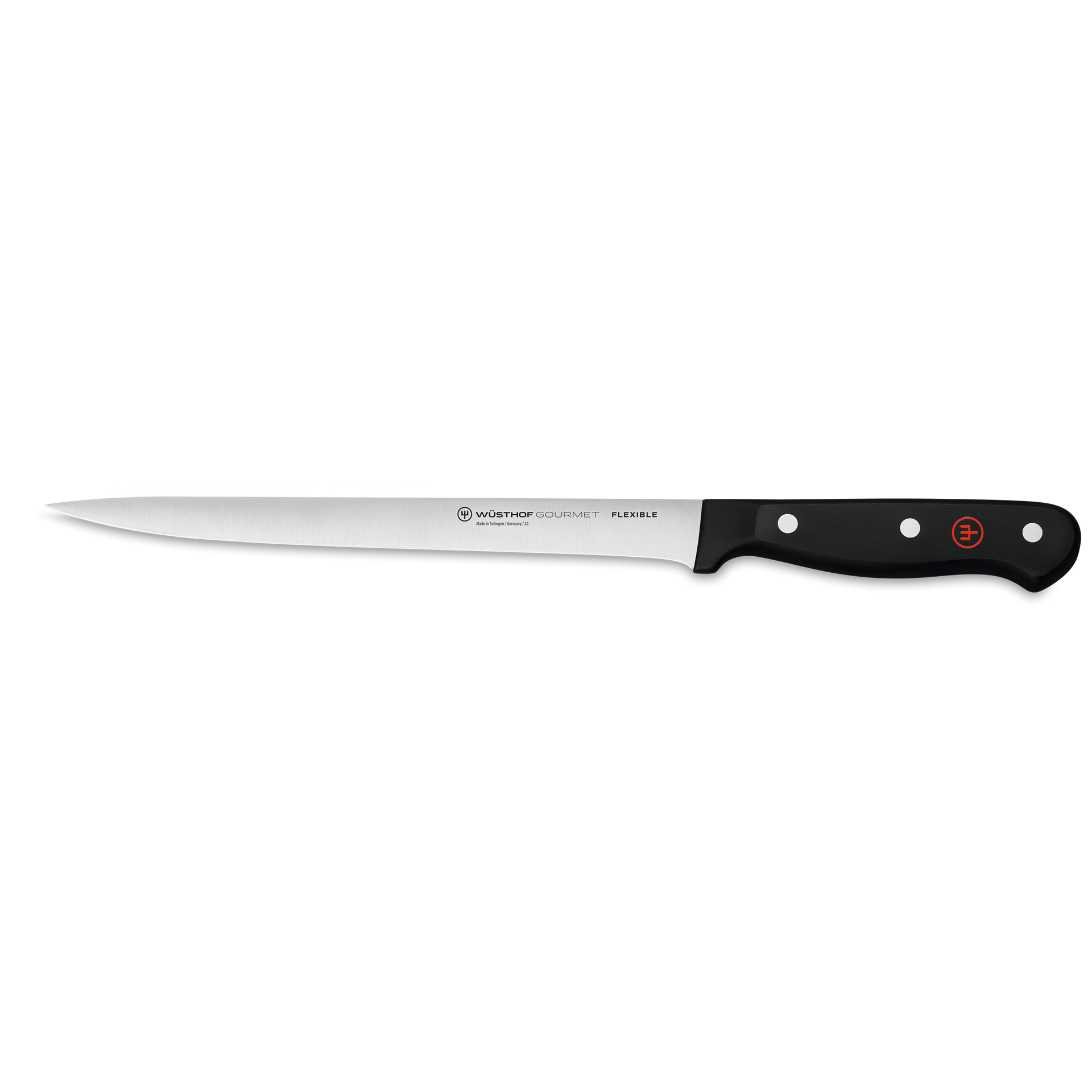 Gourmet 8" Flexible Fish Fillet Knife featuring a slender forged German steel blade with a black triple-riveted handle for precise filleting and slicing.