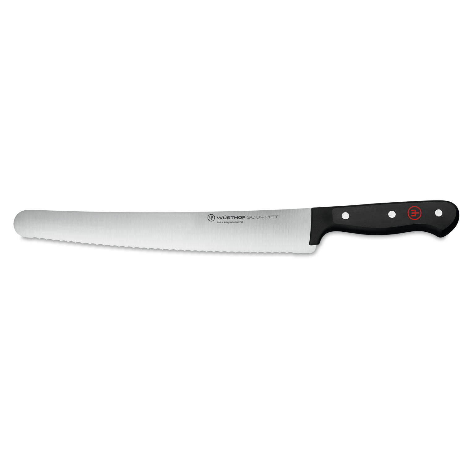 Gourmet 10" Confectioner's Knife featuring a serrated stainless steel blade and triple-riveted black handle for precise dessert slicing and presentation.