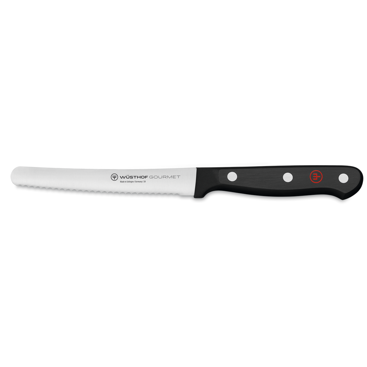 Gourmet 4 1/2" Brunch Knife with a serrated, forged stainless steel blade and a black synthetic handle secured by three rivets and a red emblem.