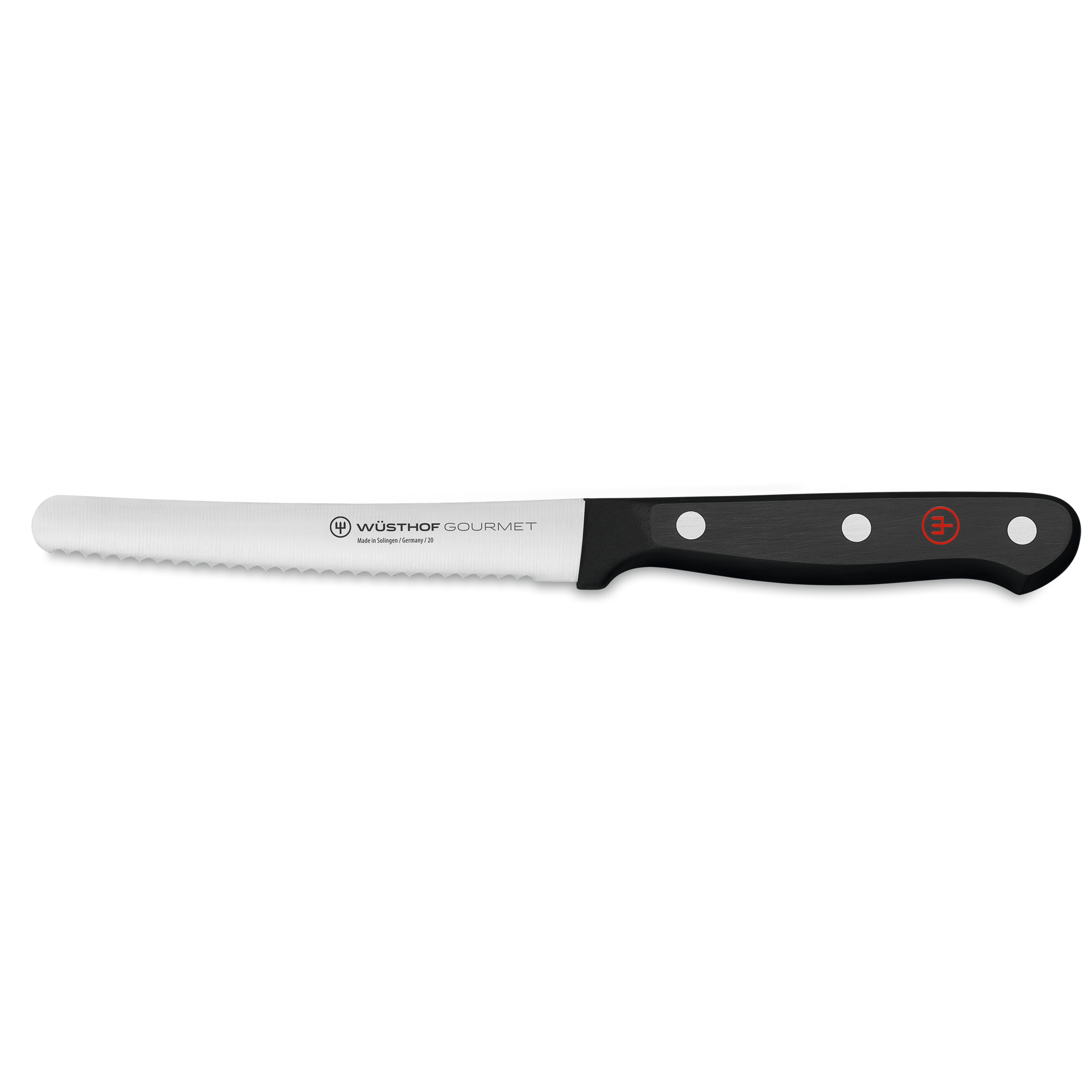 Gourmet 4 1/2" Brunch Knife with a serrated, forged stainless steel blade and a black synthetic handle secured by three rivets and a red emblem.