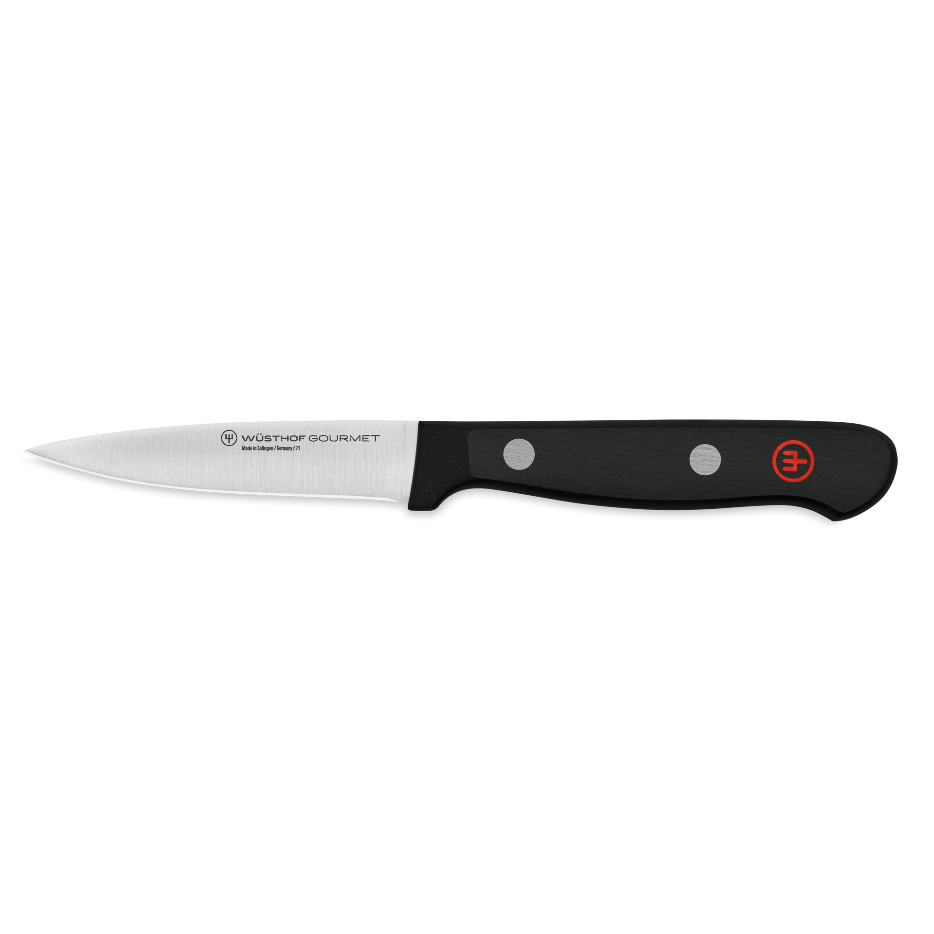 Gourmet 3" Spear Point Paring Knife with a satin-finished, forged stainless steel blade and a black synthetic handle featuring two rivets and a red logo.