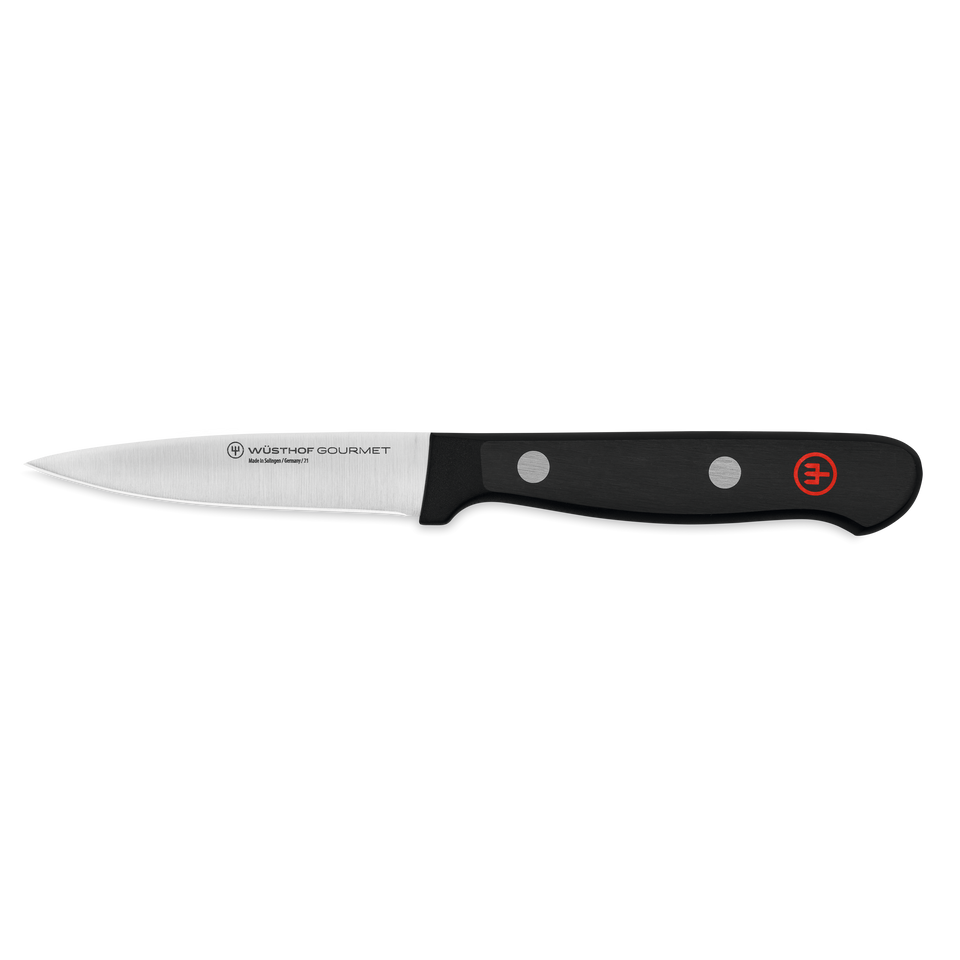 Gourmet 3" Spear Point Paring Knife with a satin-finished, forged stainless steel blade and a black synthetic handle featuring two rivets and a red logo.