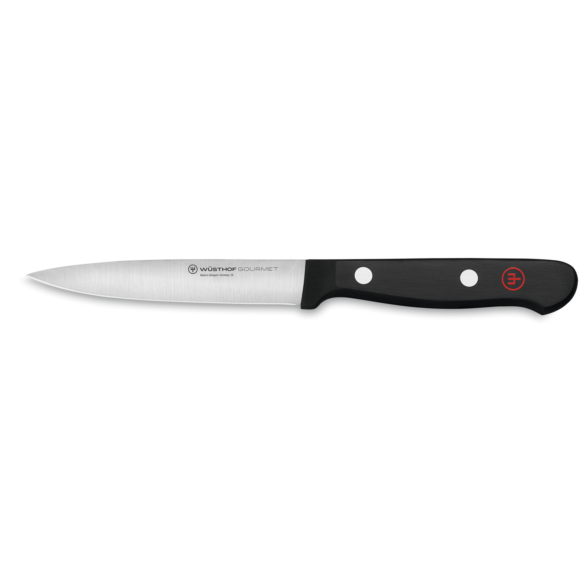 Gourmet 4" Utility Knife with a finely forged stainless steel blade and an ergonomic black synthetic handle secured by two rivets and a red emblem.
