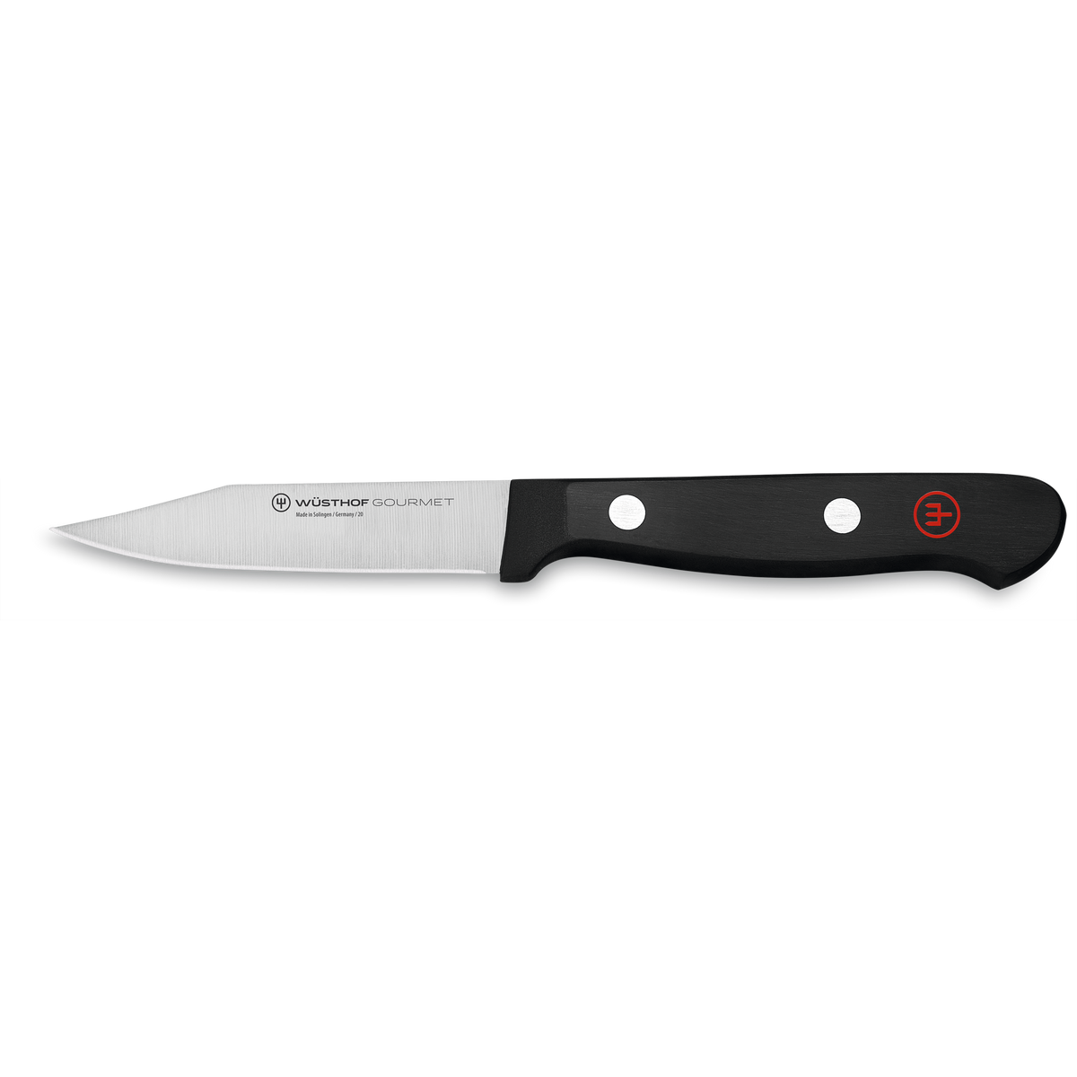 Gourmet 3" Clip Point Paring Knife with a sharp, forged stainless steel blade and a smooth black synthetic handle featuring two rivets and a red emblem.