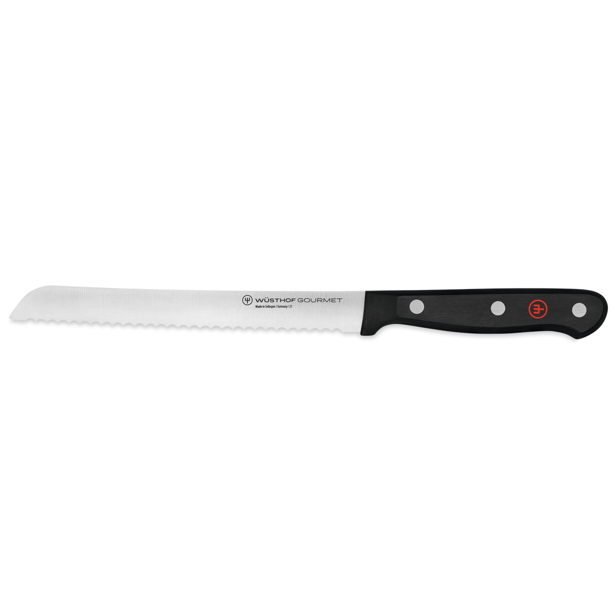 Gourmet 6" Serrated Utility Knife with a sharp serrated forged stainless steel blade and a durable black ergonomic handle for precise cutting tasks.