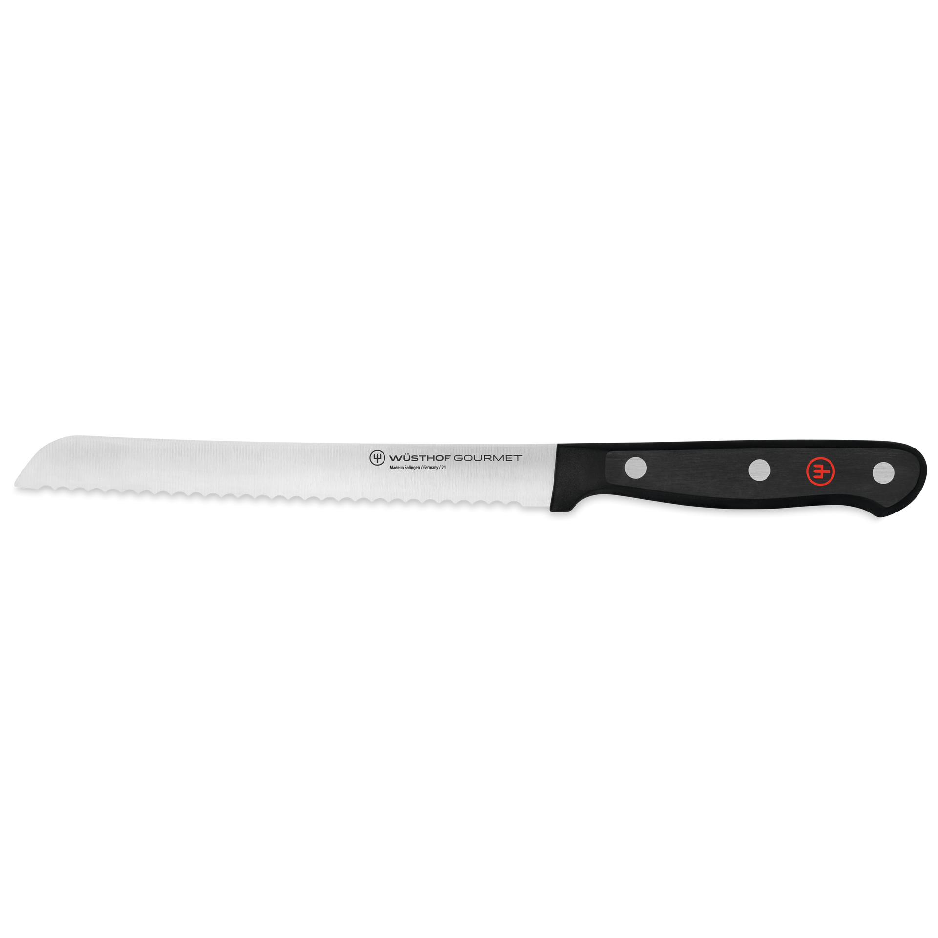 Gourmet 6" Serrated Utility Knife with a sharp serrated forged stainless steel blade and a durable black ergonomic handle for precise cutting tasks.