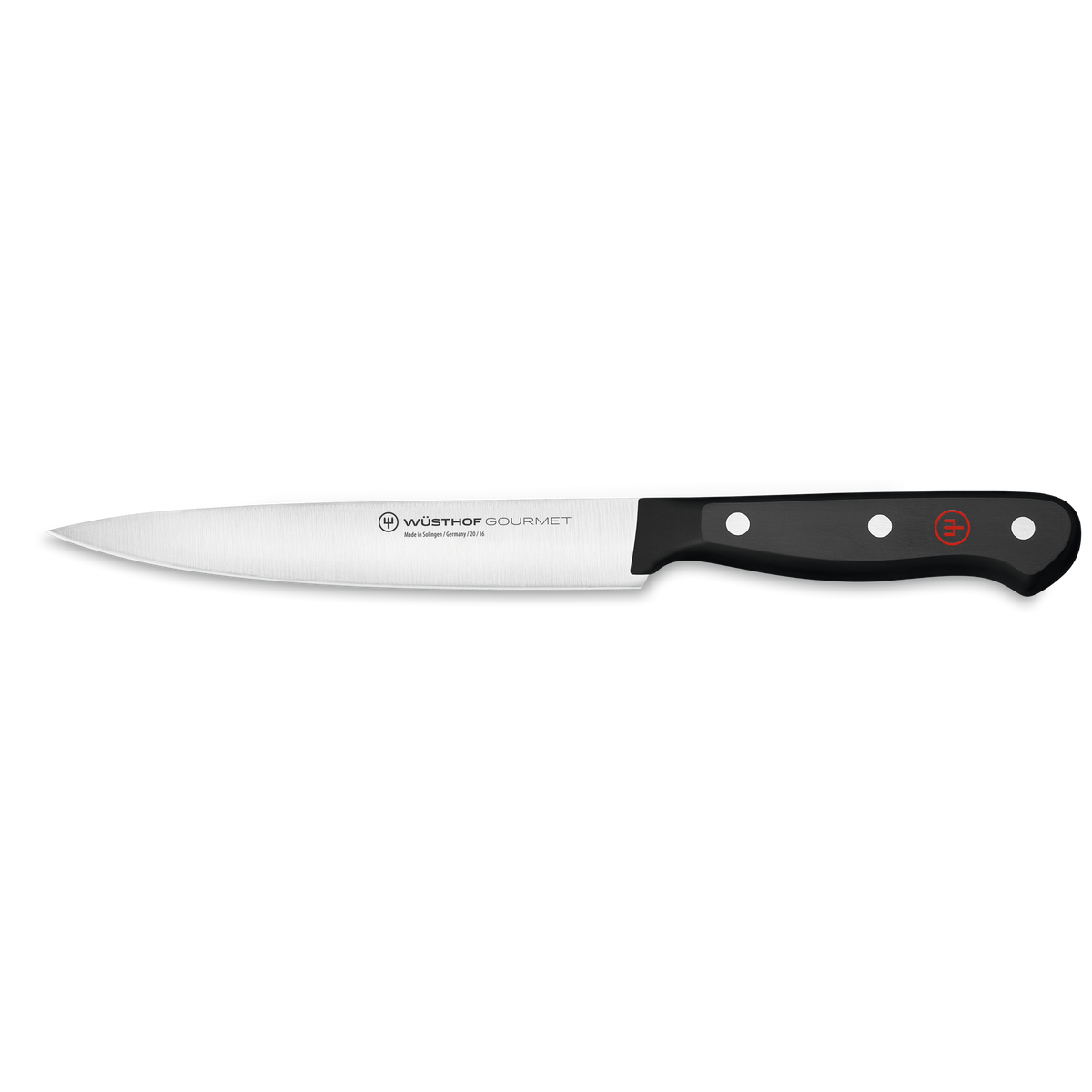 Gourmet 6" Utility Knife with a slim, forged stainless steel blade and a sturdy black synthetic handle featuring three rivets and a red emblem.