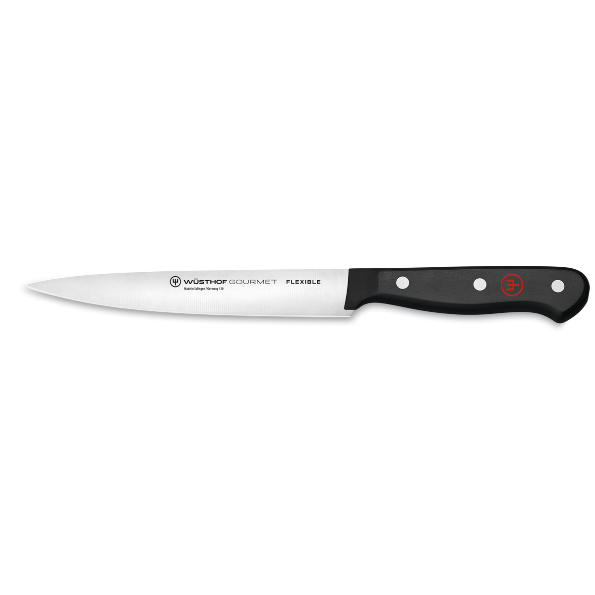 Gourmet 6" Flexible Fillet Knife featuring a slender flexible blade made from forged German steel with a black ergonomic handle and triple rivets.