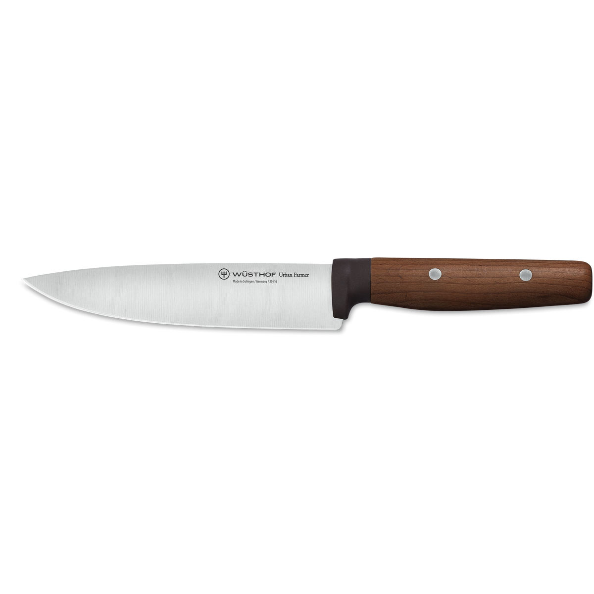 Urban Farmer 6" Chef's Knife with a smooth stainless steel blade and a polished wooden handle secured by two metal rivets, showcasing German craftsmanship.