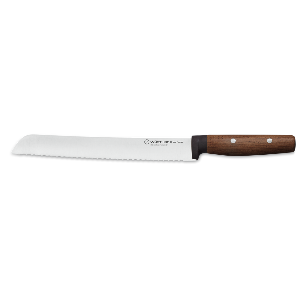 Urban Farmer 9" Bread Knife with a serrated stainless steel blade and a polished wooden handle secured by three rivets, exemplifying durable German craftsmanship.