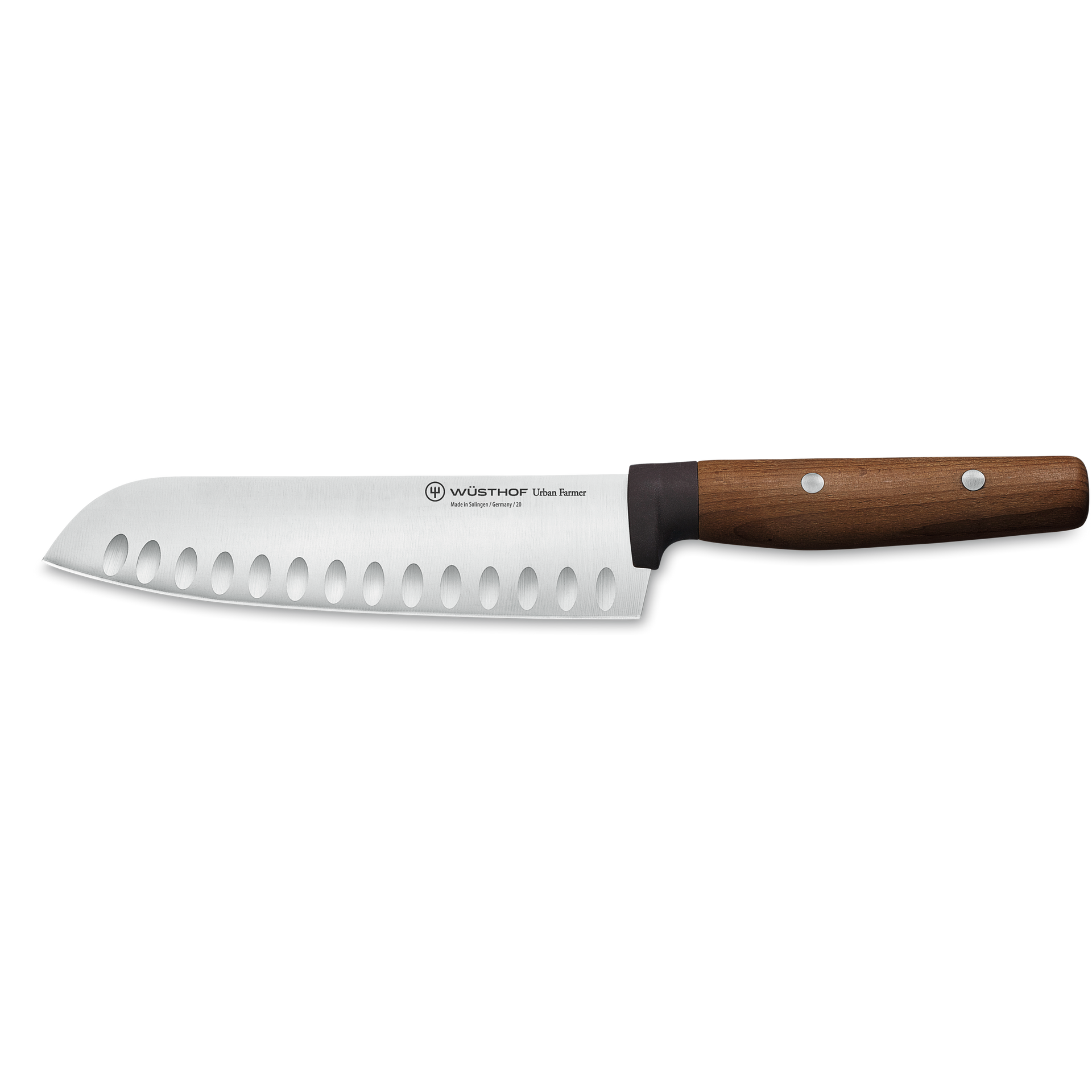 Urban Farmer 7" Hollow Edge Santoku featuring a forged stainless steel blade with hollow indentations and a polished wooden handle with three rivets.
