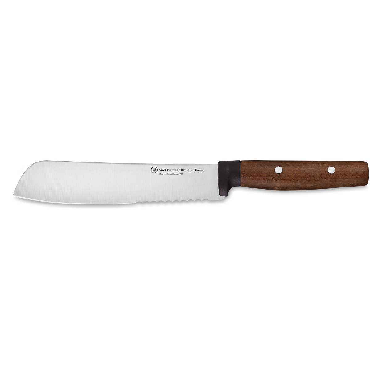 Urban Farmer 7" Machete with a wide, partially serrated stainless steel blade and polished walnut handle secured by two metal rivets, designed for durability and precision.