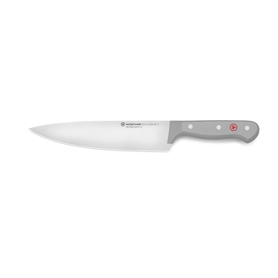 Gourmet 8" Chef's Knife featuring a forged stainless steel blade and smooth gray synthetic handle with three rivets and a red emblem for precise cutting.