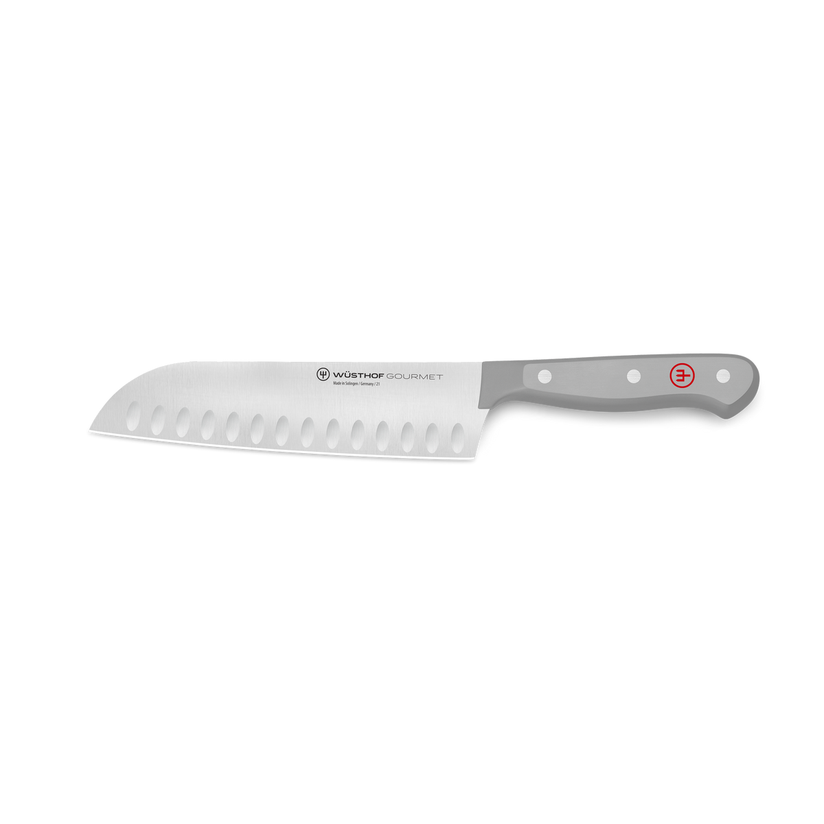 Gourmet 7" Hollow Edge Santoku with a forged stainless steel blade featuring hollow indentations and a gray synthetic handle with three rivets and a red emblem.
