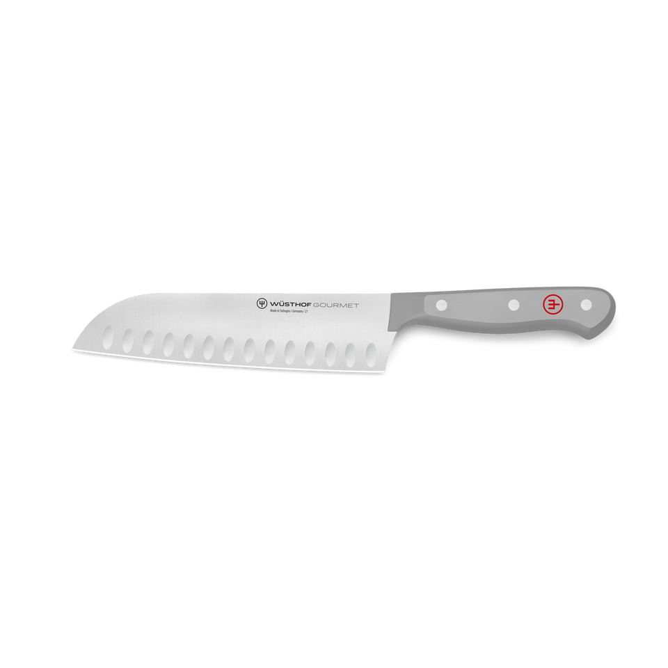 Gourmet 7" Hollow Edge Santoku with a forged stainless steel blade featuring hollow indentations and a gray synthetic handle with three rivets and a red emblem.