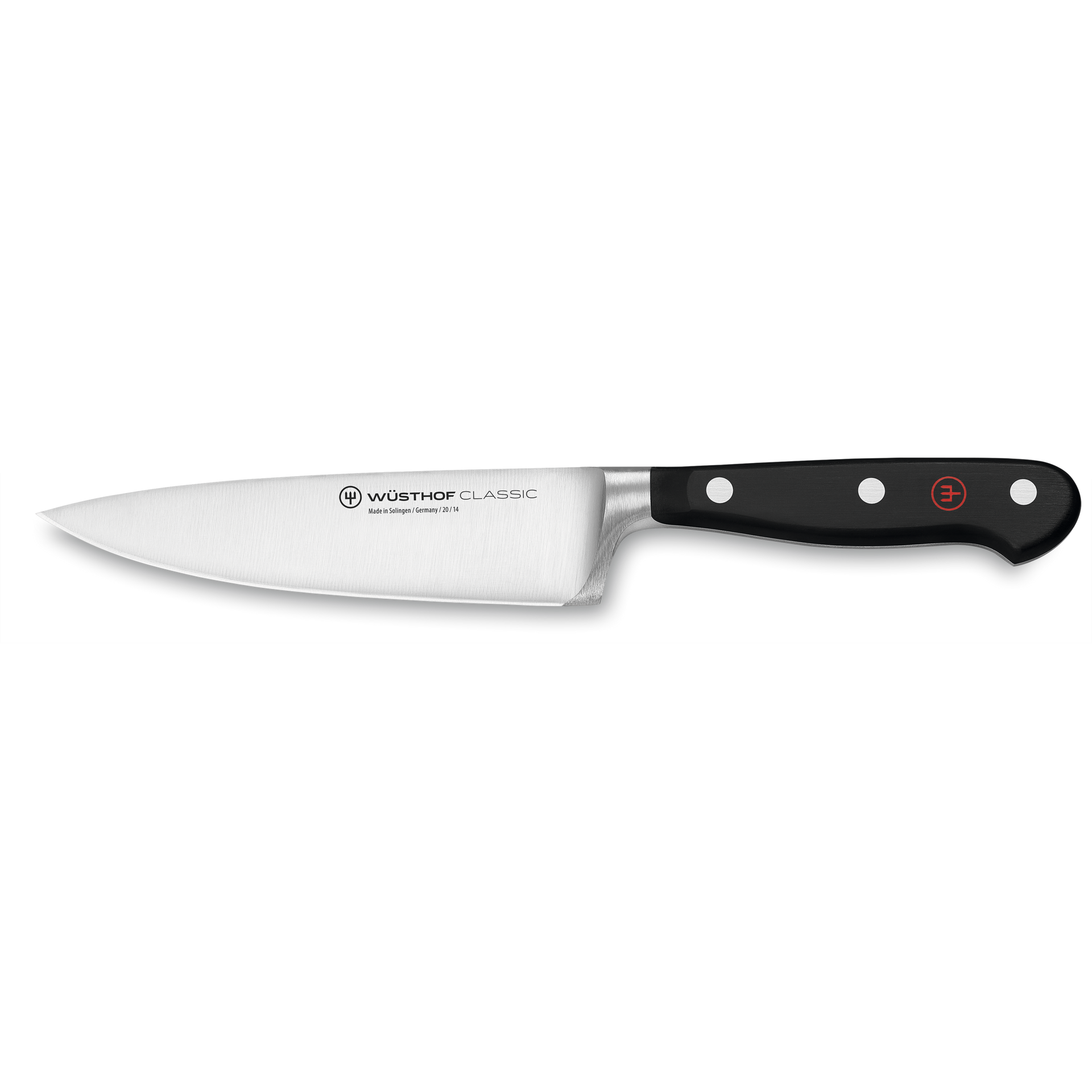 Classic 5" Chef's Knife with a forged German stainless steel blade and a black triple-riveted handle for precise and durable kitchen cutting tasks.