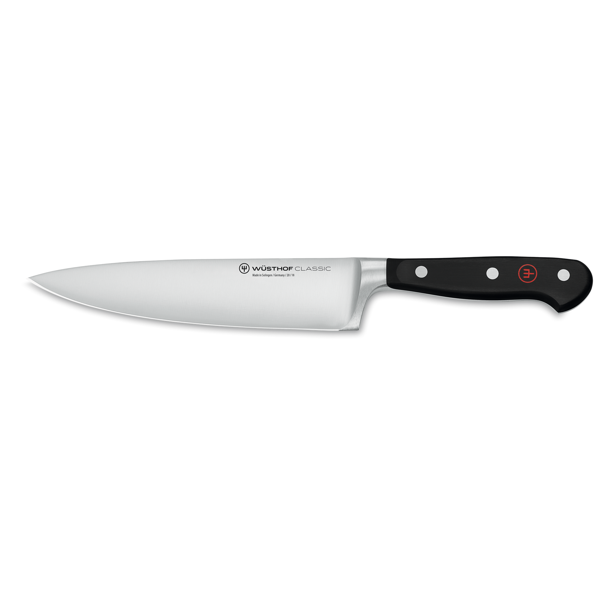 Classic 7" Chef's Knife with a precision-forged German stainless steel blade and a black triple-riveted handle for versatile and durable kitchen use.