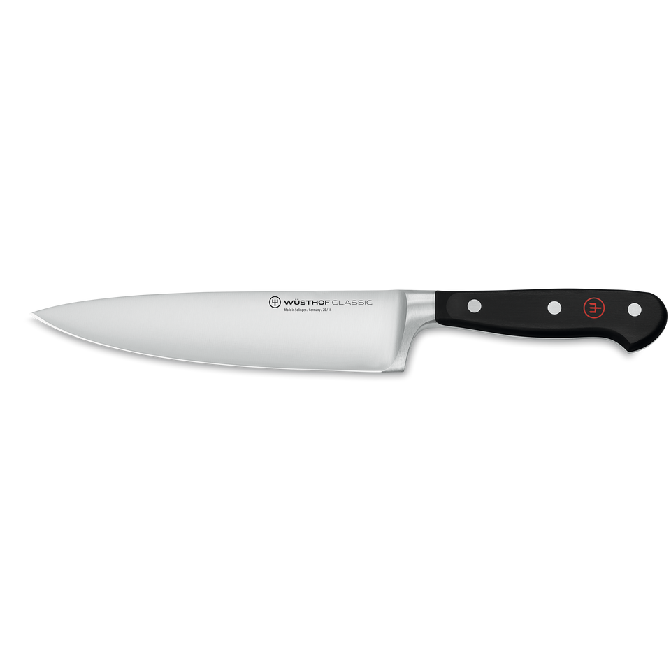 Classic 7" Chef's Knife with a precision-forged German stainless steel blade and a black triple-riveted handle for versatile and durable kitchen use.