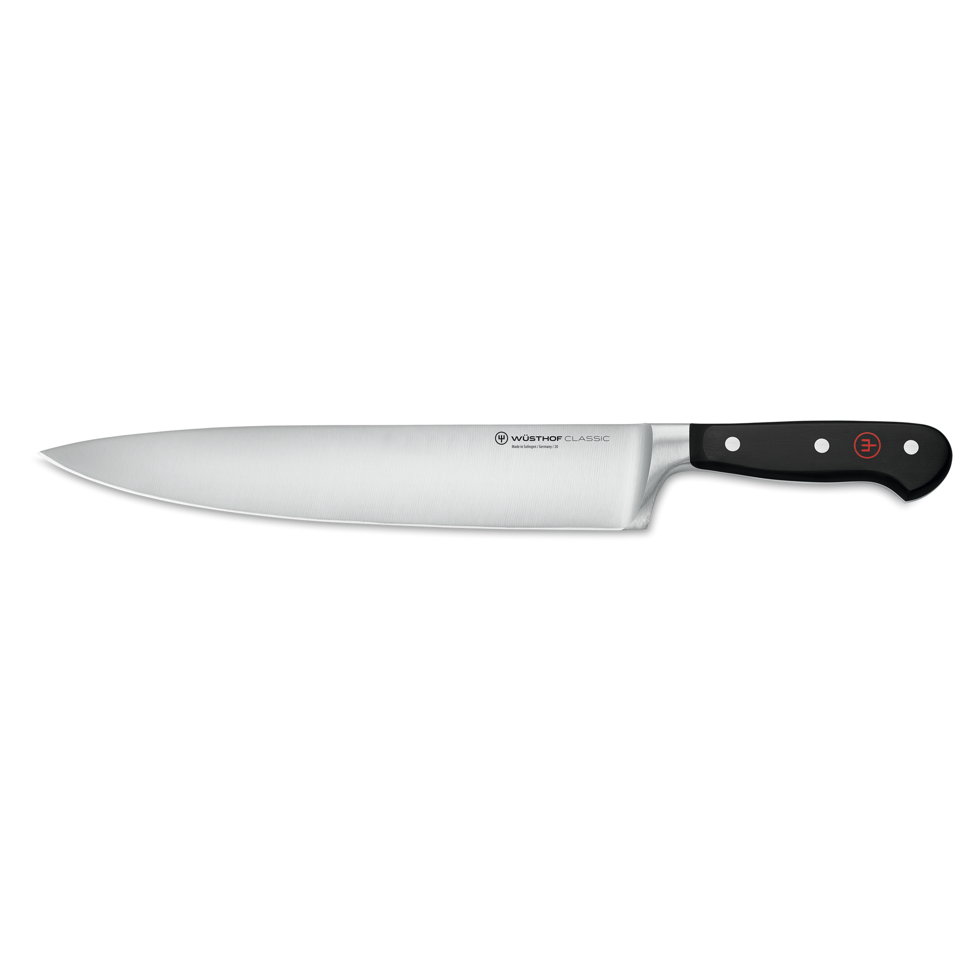 Classic 10" Chef's Knife with a long polished forged German steel blade and a sleek black handle secured by three rivets, featuring the WÜSTHOF logo.