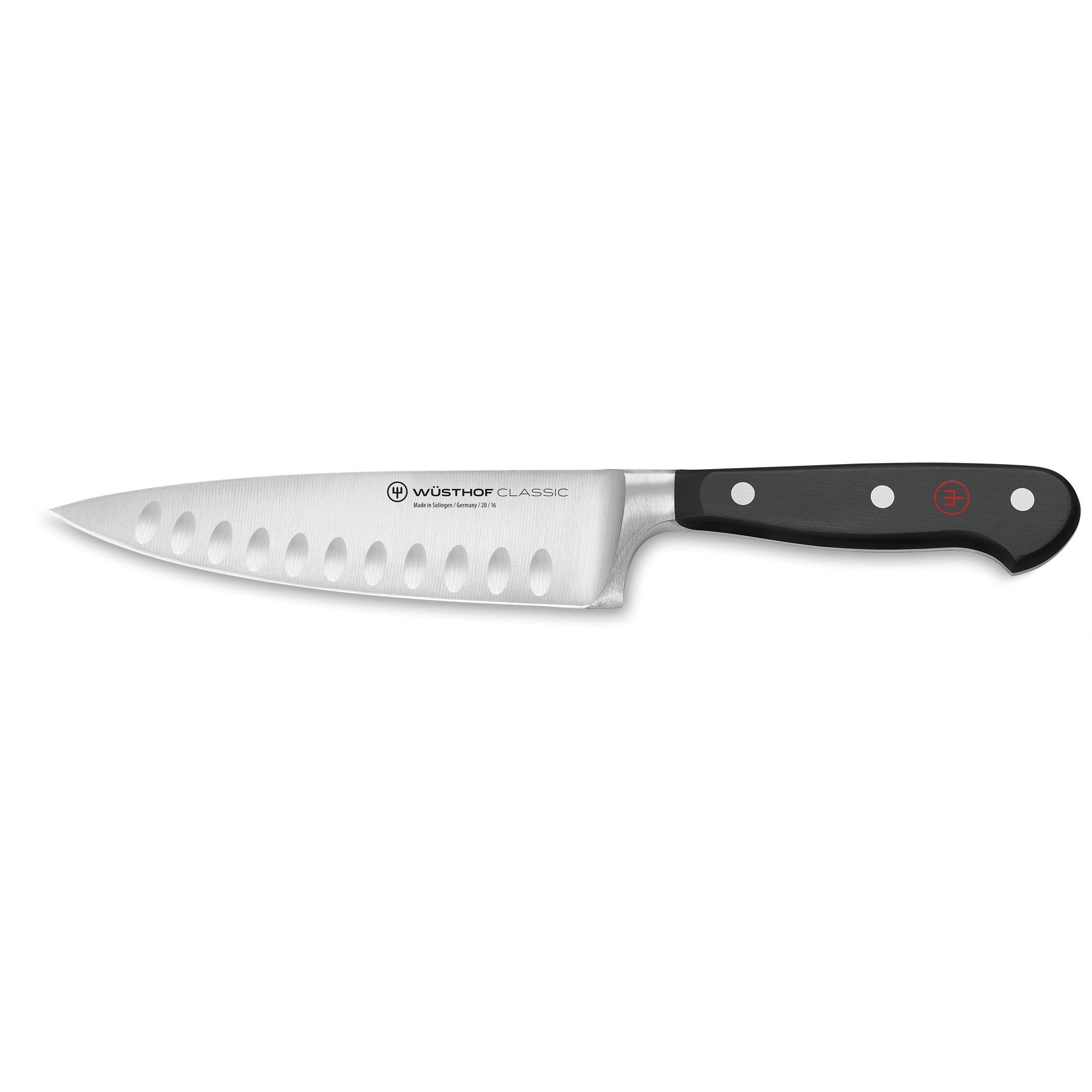 Classic 6" Hollow Edge Chef's Knife featuring a forged stainless steel blade with hollow edges and a triple-riveted black ergonomic handle for precision cutting.
