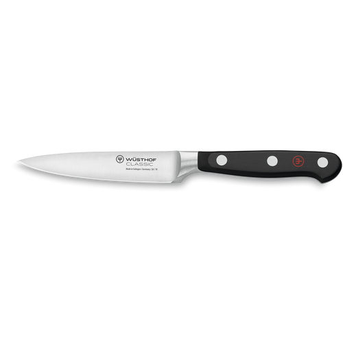 Classic 4" Paring Knife with a sharp forged German steel blade and a durable black handle featuring three rivets and ergonomic design for precise cutting tasks.