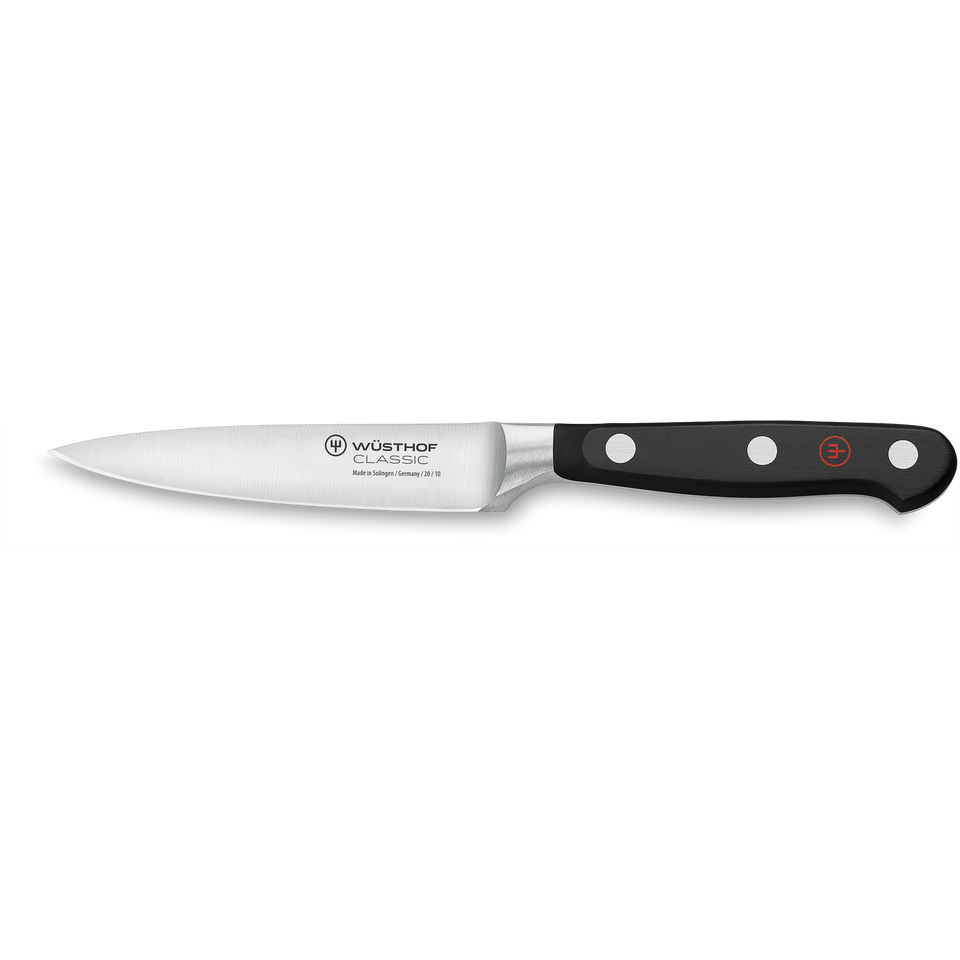 Classic 4" Paring Knife with a sharp forged German steel blade and a durable black handle featuring three rivets and ergonomic design for precise cutting tasks.