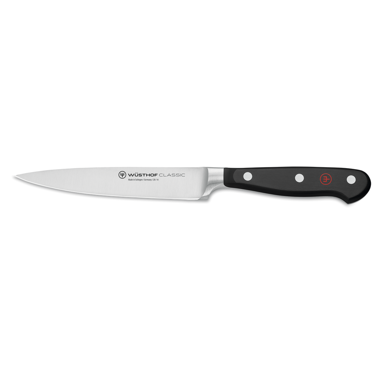 Classic 5" Utility Knife with a sharp forged German stainless steel blade and a black triple-riveted handle for versatile kitchen cutting tasks.