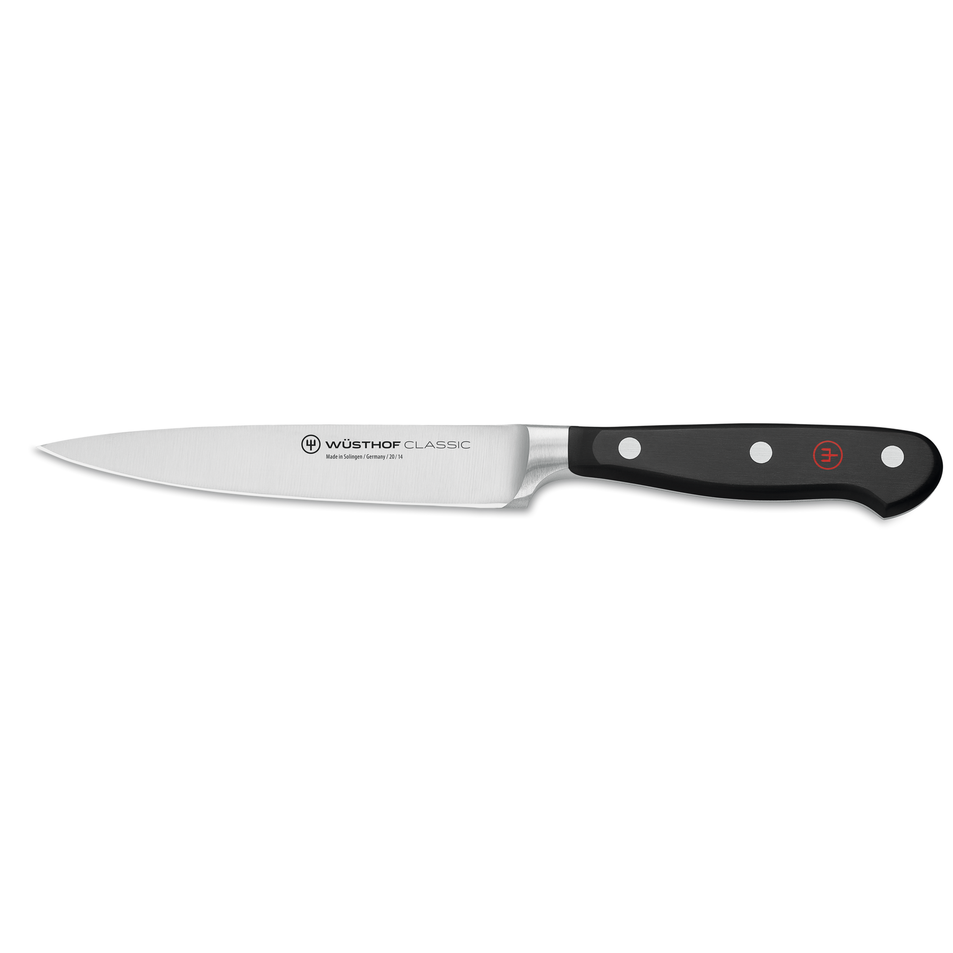 Classic 5" Utility Knife with a sharp forged German stainless steel blade and a black triple-riveted handle for versatile kitchen cutting tasks.