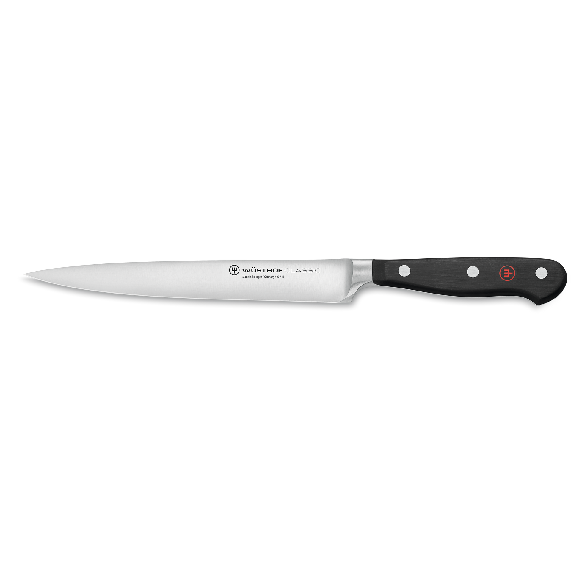 Classic 7" Utility Knife with a slender forged German stainless steel blade and a triple-riveted black handle for precision and versatile kitchen tasks.