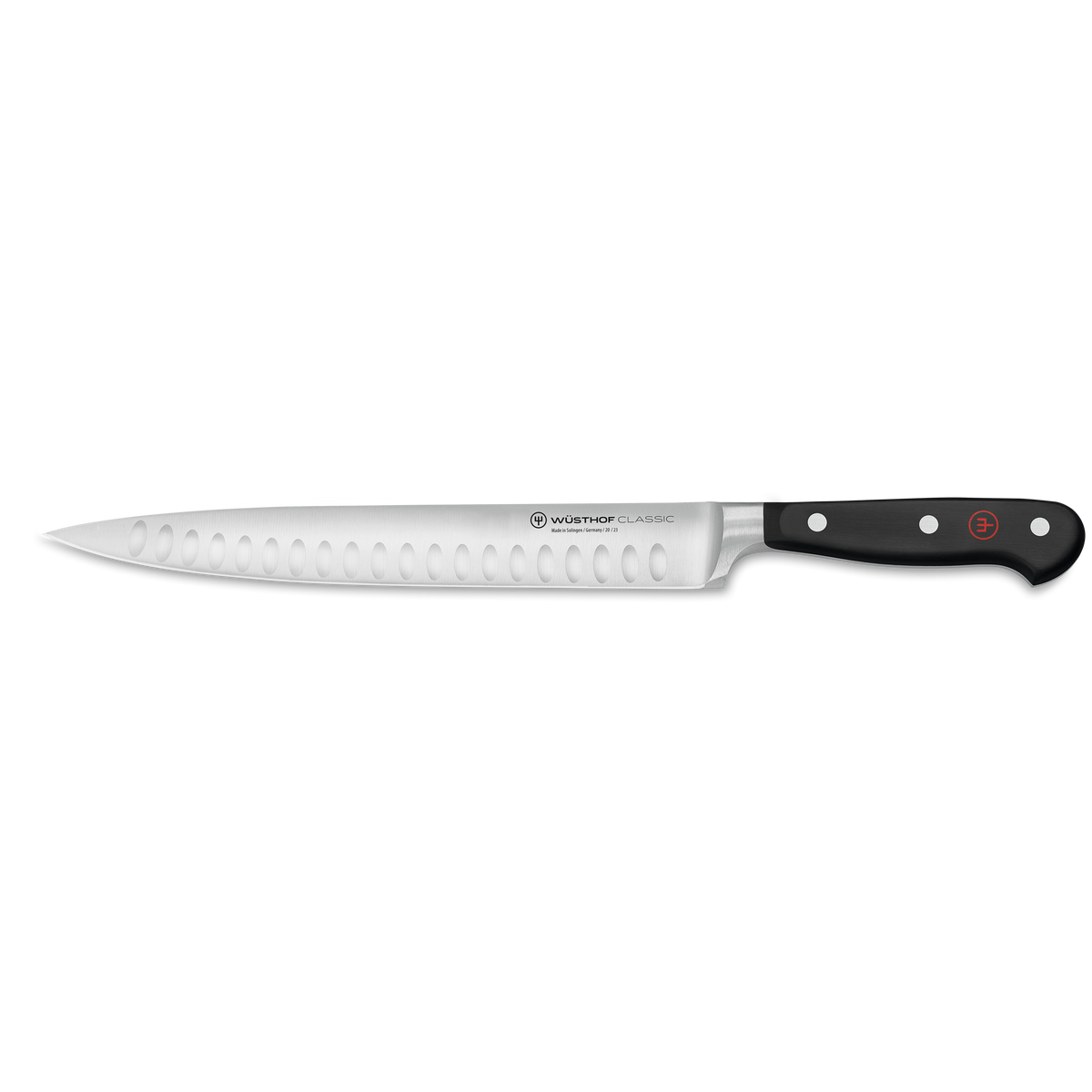 Classic 9" Hollow Edge Carving Knife featuring a forged German steel blade with scalloped indentations and a black ergonomic handle secured by three rivets.