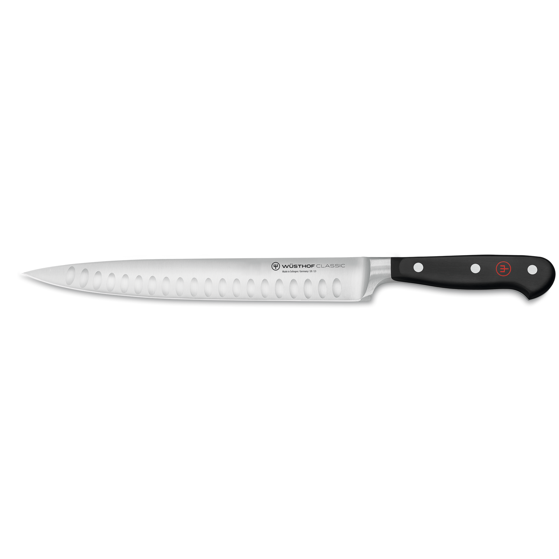 Classic 9" Hollow Edge Carving Knife featuring a forged German steel blade with scalloped indentations and a black ergonomic handle secured by three rivets.