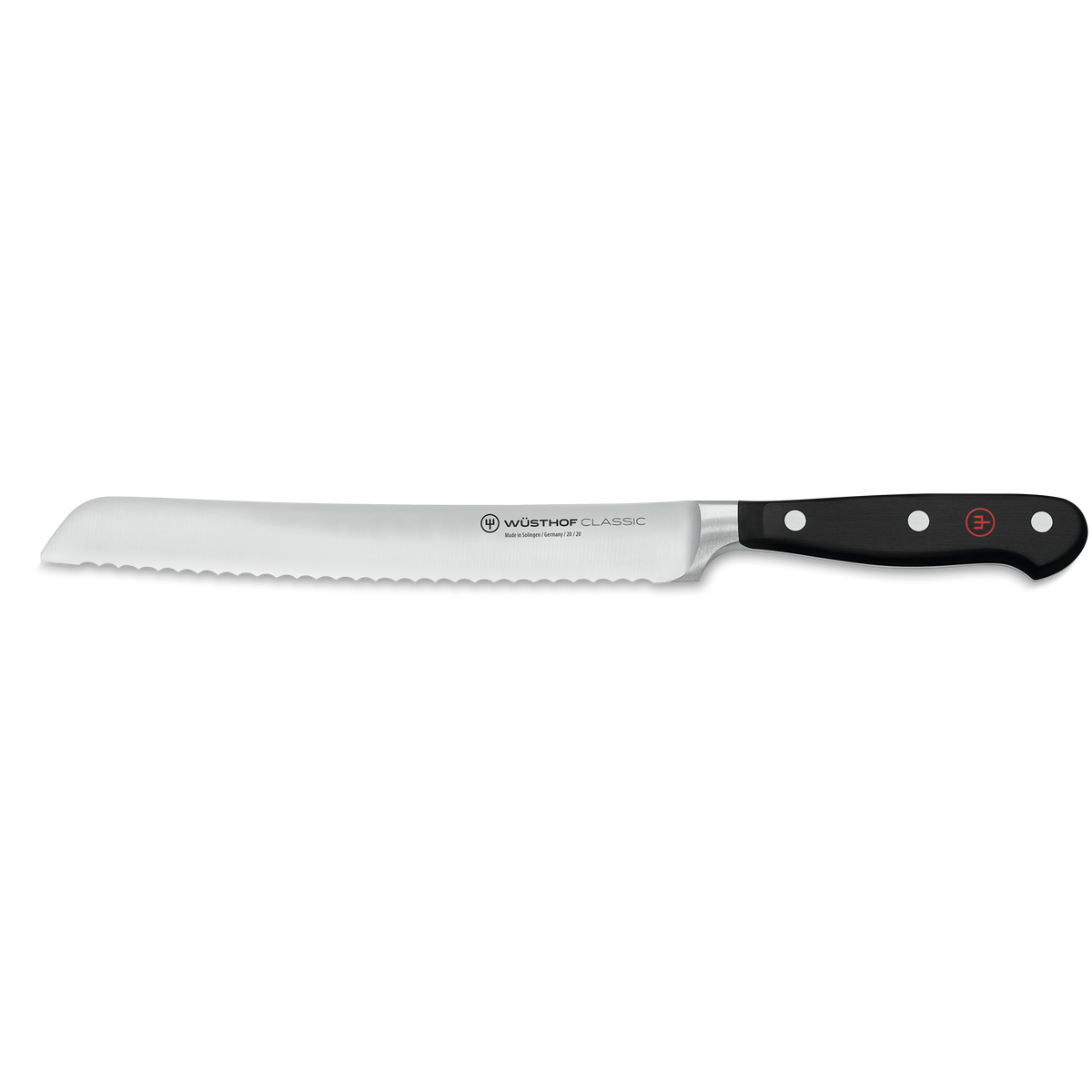 Classic 8" Bread Knife featuring a serrated forged German steel blade and a black ergonomic handle with three rivets for comfortable slicing.