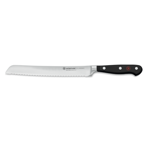 Classic 8" Bread Knife featuring a serrated forged German steel blade and a black ergonomic handle with three rivets for comfortable slicing.