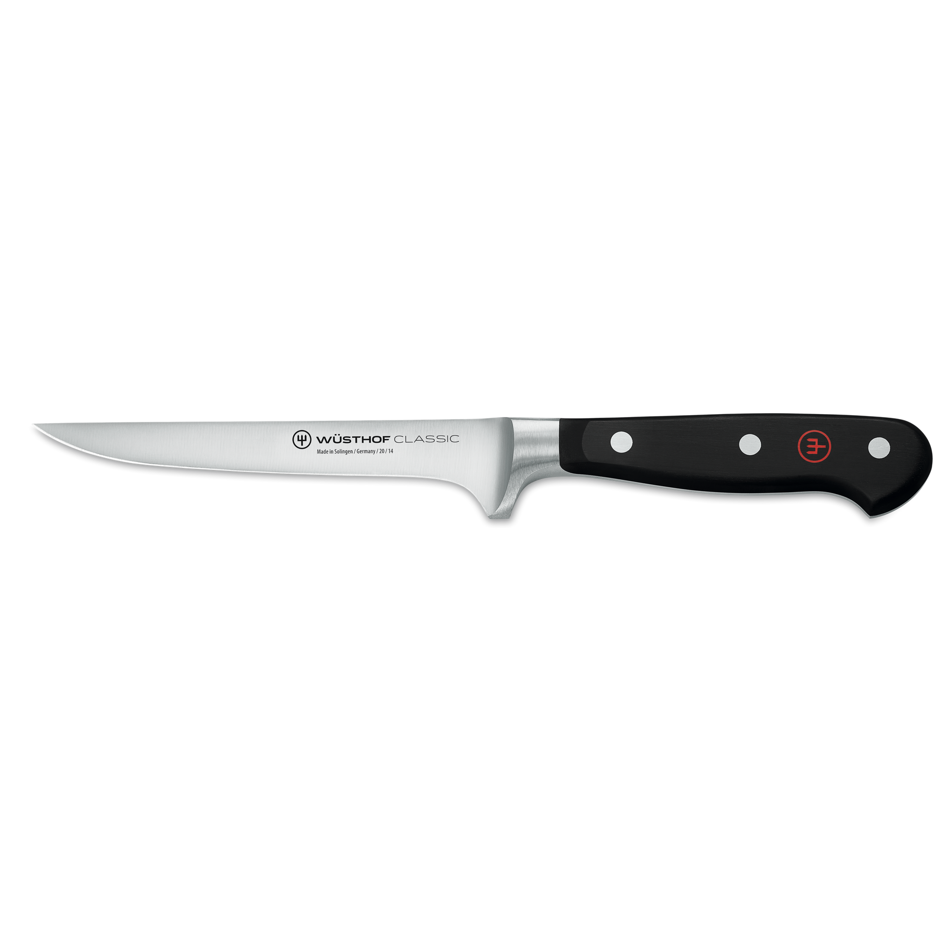 Classic 5" Boning Knife with a slim, curved forged stainless steel blade and a black ergonomic handle featuring three rivets and a red emblem.