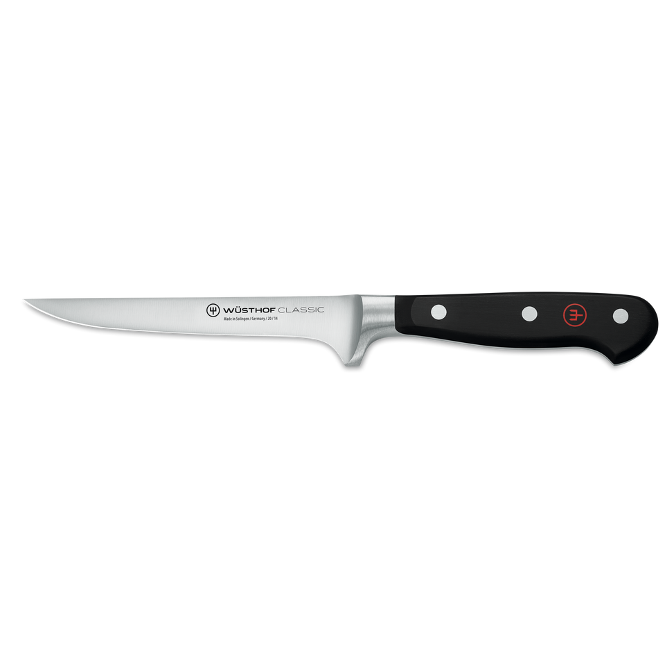 Classic 5" Boning Knife with a slim, curved forged stainless steel blade and a black ergonomic handle featuring three rivets and a red emblem.