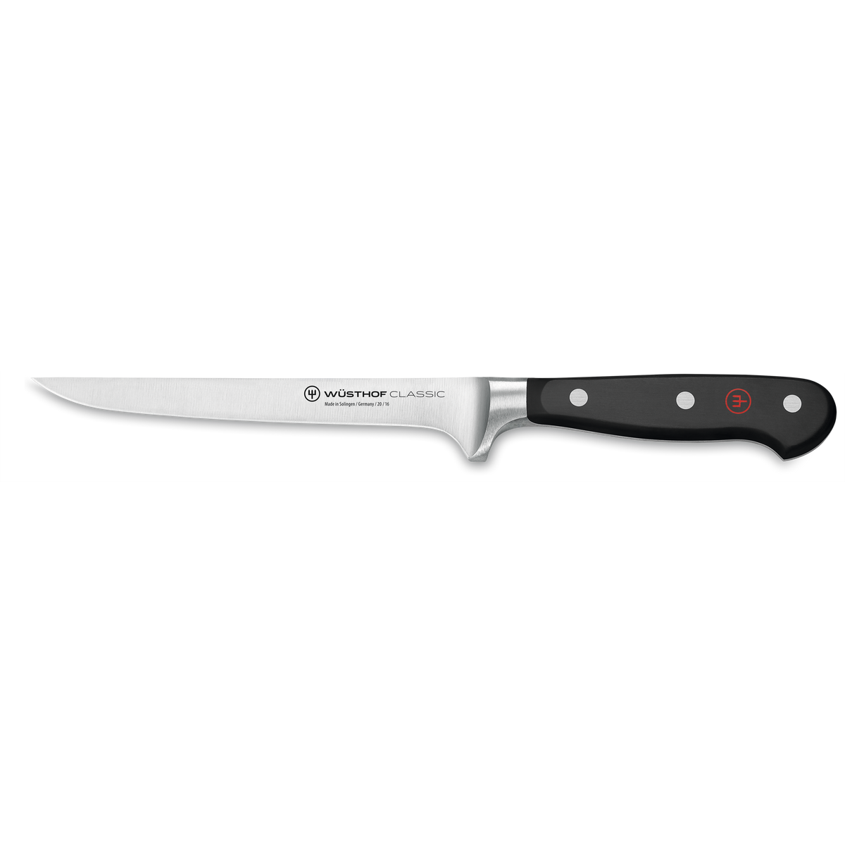 Classic 6" Flexible Boning Knife featuring a slender, curved forged German stainless steel blade and a black triple-riveted handle for precise, flexible filleting tasks.