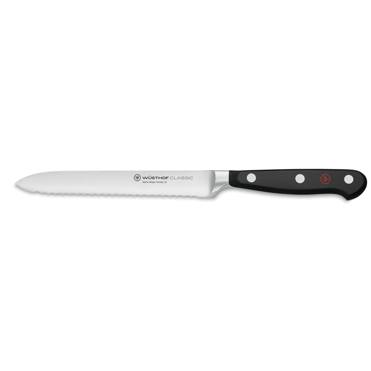 Classic 6-Piece Starter Knife Block Set serrated kitchen knife with precision-forged stainless steel blade and ergonomic black handle with triple rivets.