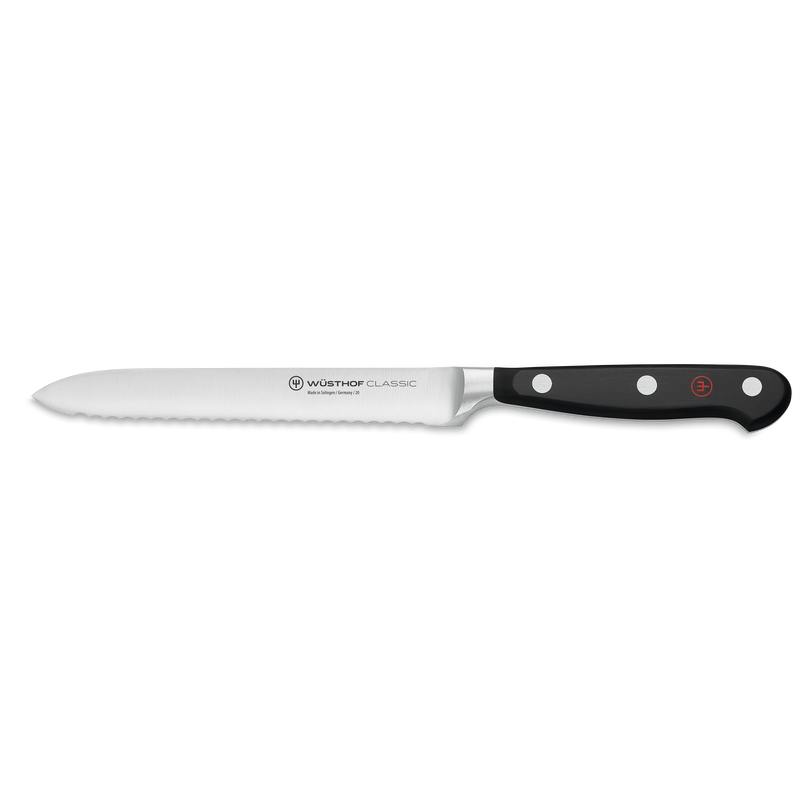 Classic 6-Piece Starter Knife Block Set serrated kitchen knife with precision-forged stainless steel blade and ergonomic black handle with triple rivets.