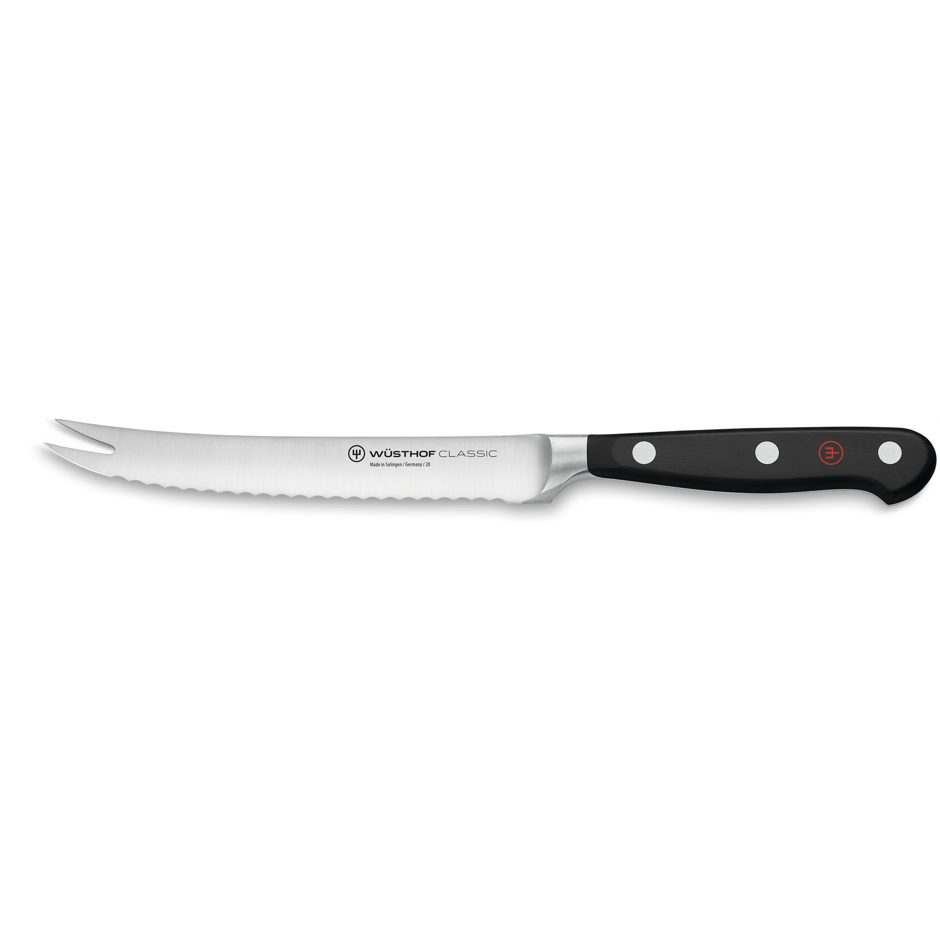 Classic 5" Tomato Knife with a serrated stainless steel blade and a black triple-riveted handle for precision slicing and control.