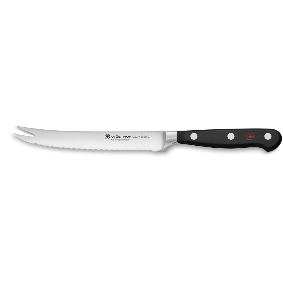 Classic 5" Tomato Knife with a serrated stainless steel blade and a black triple-riveted handle for precision slicing and control.